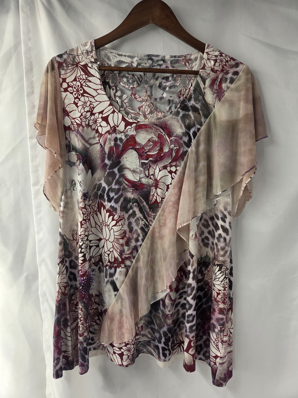 QLive and Let Live Whimsigoth Animal Print Y2K Floral Lace Flutter Sleeve Top 1X